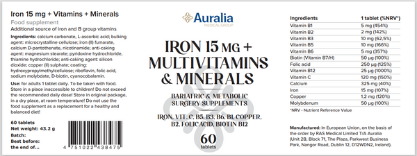 Auralia Bariatric Iron 15mg + Added Vitamins & Minerals (2-Month Supply)