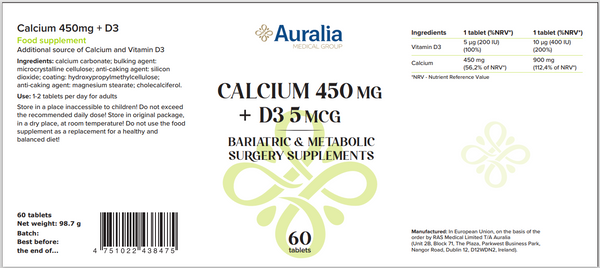 Auralia Bariatric Calcium 450mg + Vit D3 5mcg Supplement (2-Month Supply)