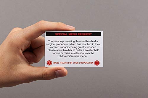 Bariatric Patient Special Menu Restaurant Request Card for Gastric Bypass Sleeve Band Plastic (2 x Cards)